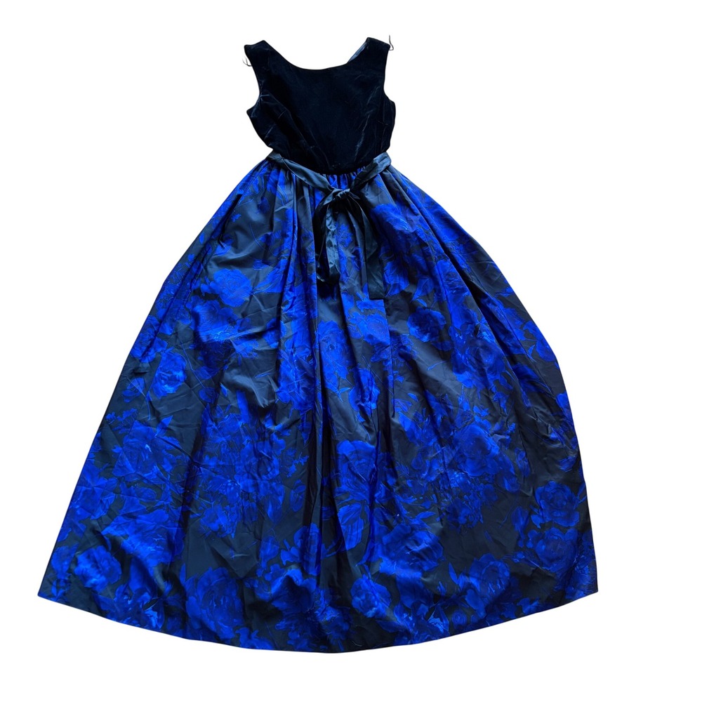 Aidan Mattox Black Velvet Blue Floral Jacquard Ball Gown Maxi Dress Formal Small